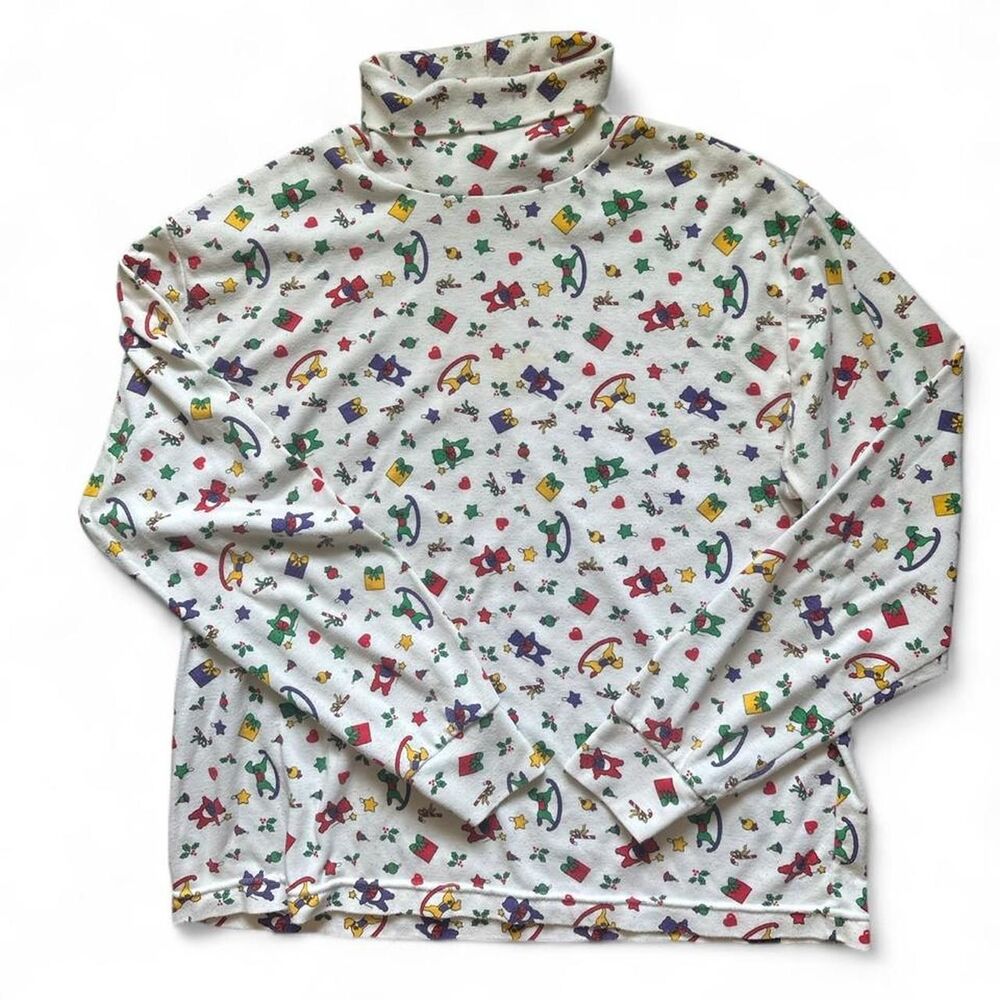 1990s White Christmas Turtleneck with multicolored holiday-themed graphics